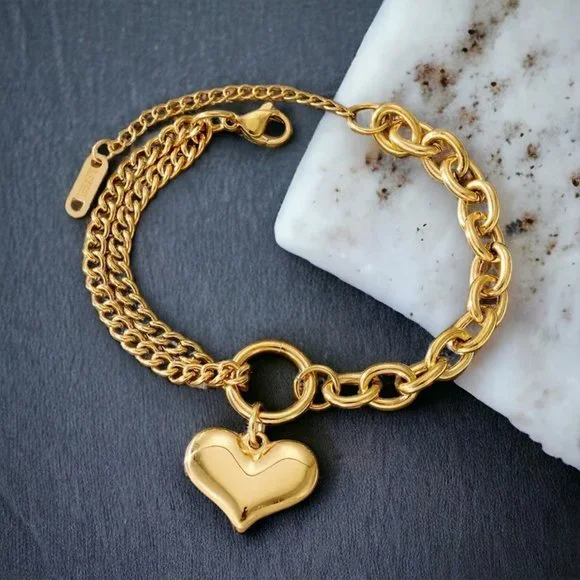 🆕️ 18K Gold Plated Stainless Steel Double-Layered Bracelet With Heart💖 Pendant - Picture 4 of 5